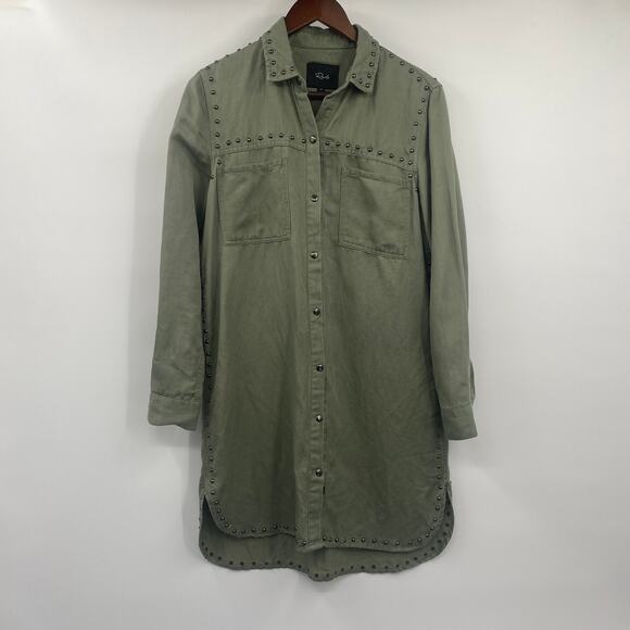 Rails Bowie Shirt Dress Studded Trim Linen Snap Front Long Sleeve Sage Green XS - Picture 2 of 10